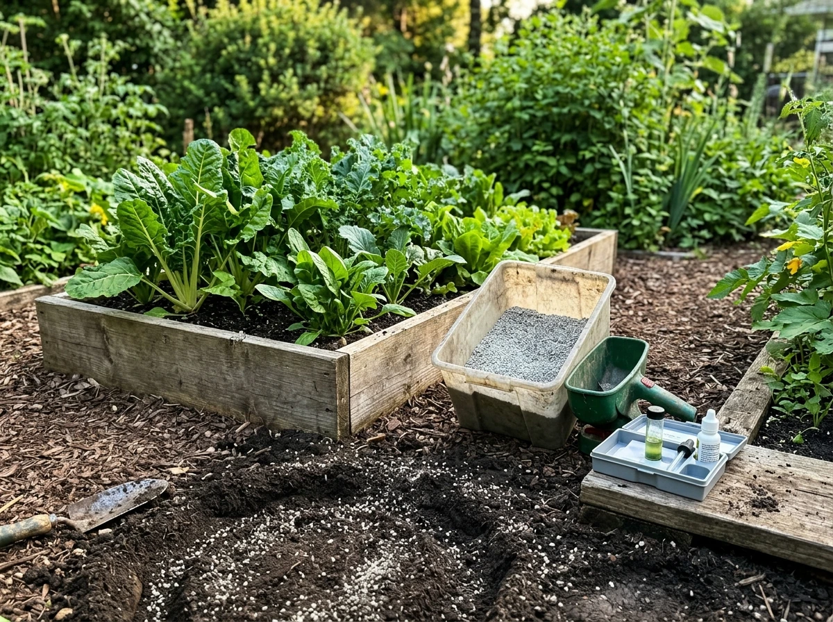 Garden bed and fertilizer application tools illustrating nitrogen helping plants grow