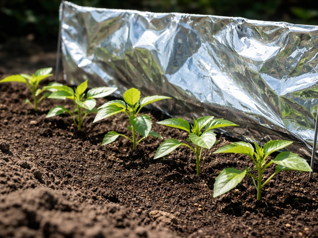 Young plants in soil with reflective aluminum foil beside them to redirect sunlight.