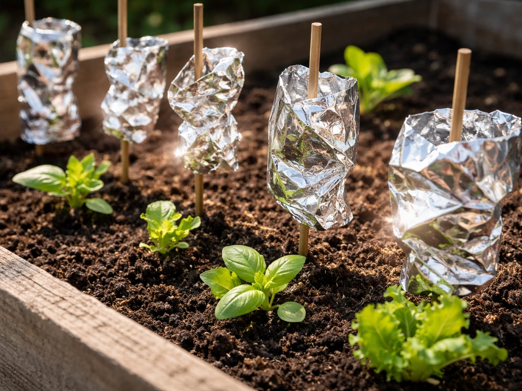 Reflective aluminum foil around young seedlings, showing light reflections in a simple garden bed.