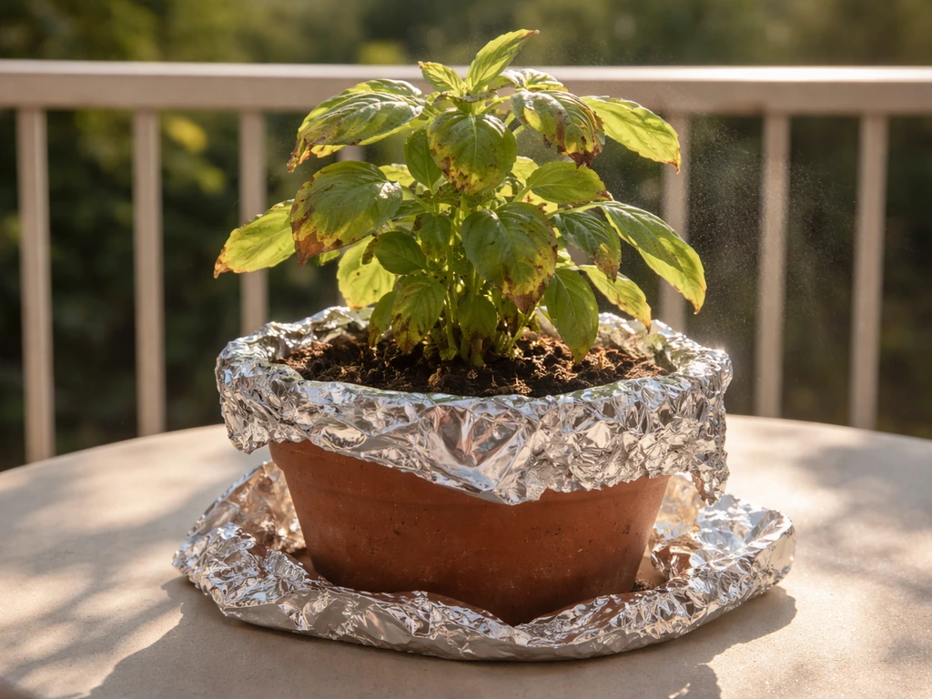 Potted plant in hot sun with nearby reflective foil and scorched leaf edges from heat buildup.