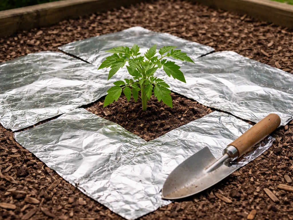 Sheets of foil laid flat on garden soil around a plant, with clear gaps and safety-focused arrangement.