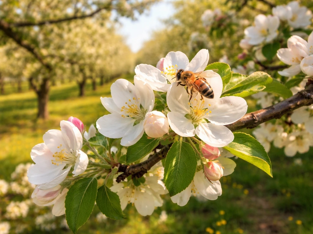 A honeybee on a white fruit blossom in a sunlit orchard, symbolizing pollination for better fruit yield.
