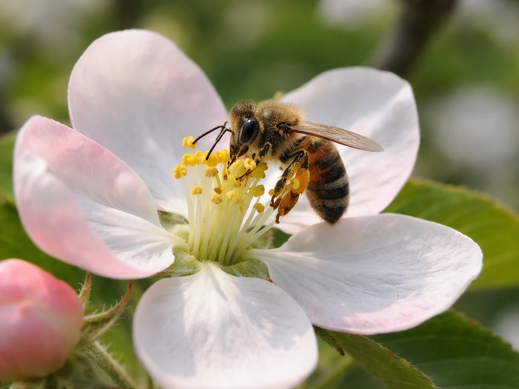 Close-up of a fruit tree blossom with a bee foraging on anthers near the stigma, showing pollination