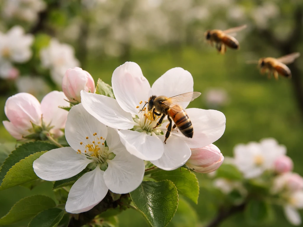 Honey bees actively foraging on apple blossoms in a blooming orchard with nearby bees visiting other flowers.