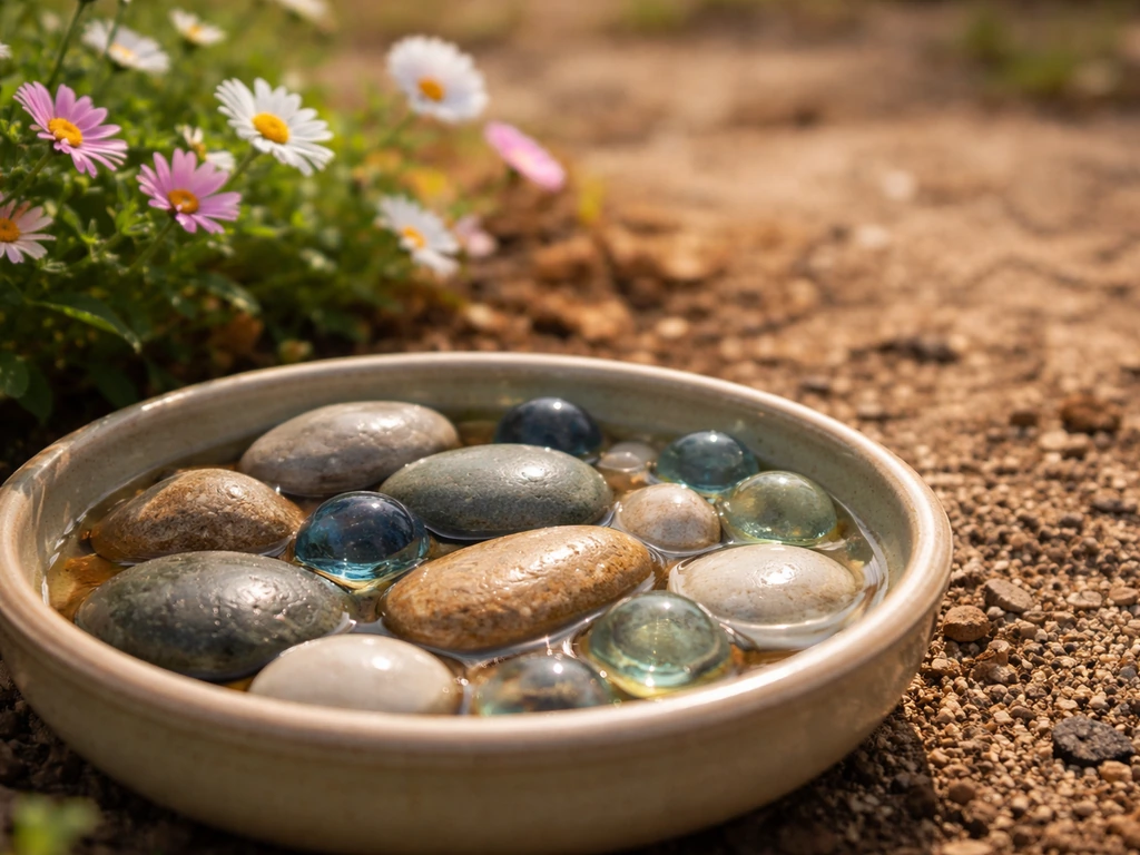 Shallow stone-filled water dish beside sunny flowering plants in a garden bed for bees.