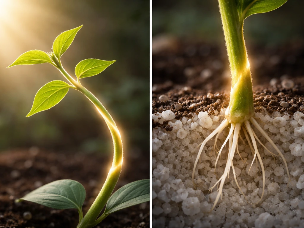Close-up split view of a plant shoot bending toward light and a rooted cutting showing root initiation