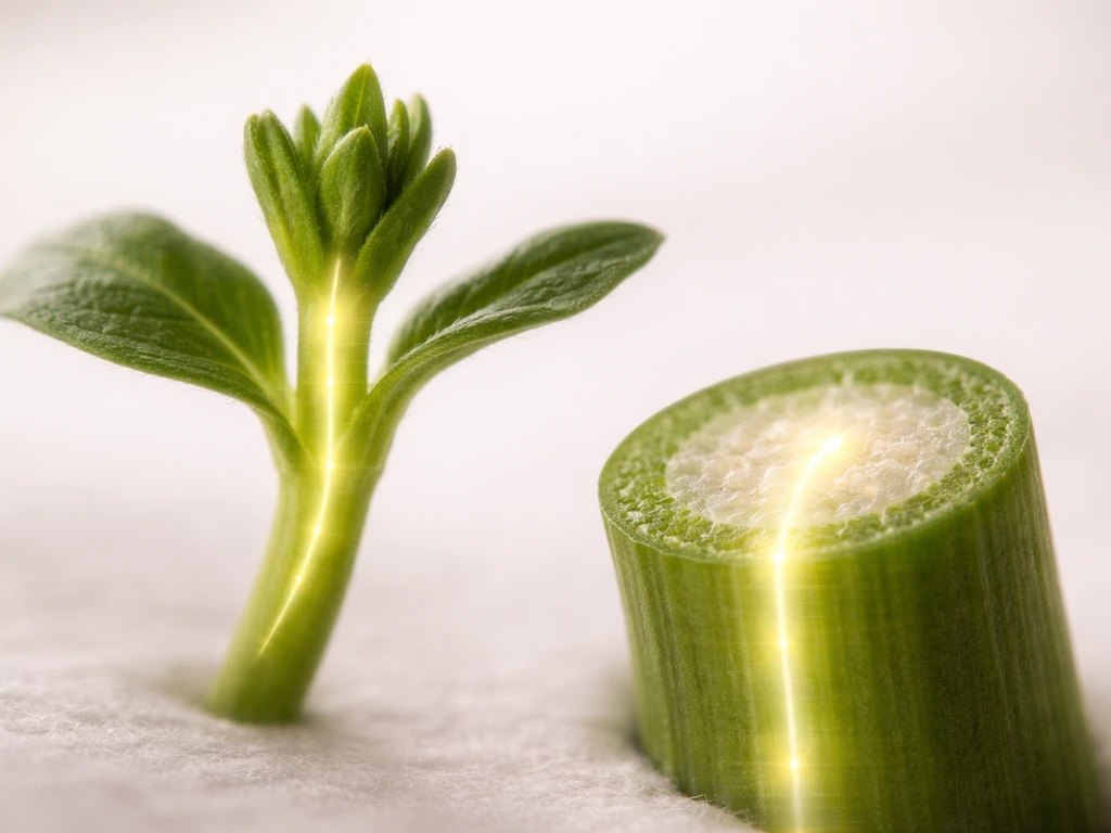 Macro view of a plant shoot tip with a subtle light trail implying auxin transport into stem tissues.