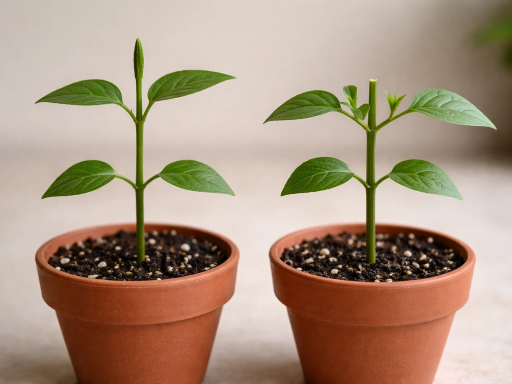 Two small potted plants side-by-side: one with intact apex growing upward, one with pinched tip branching out.