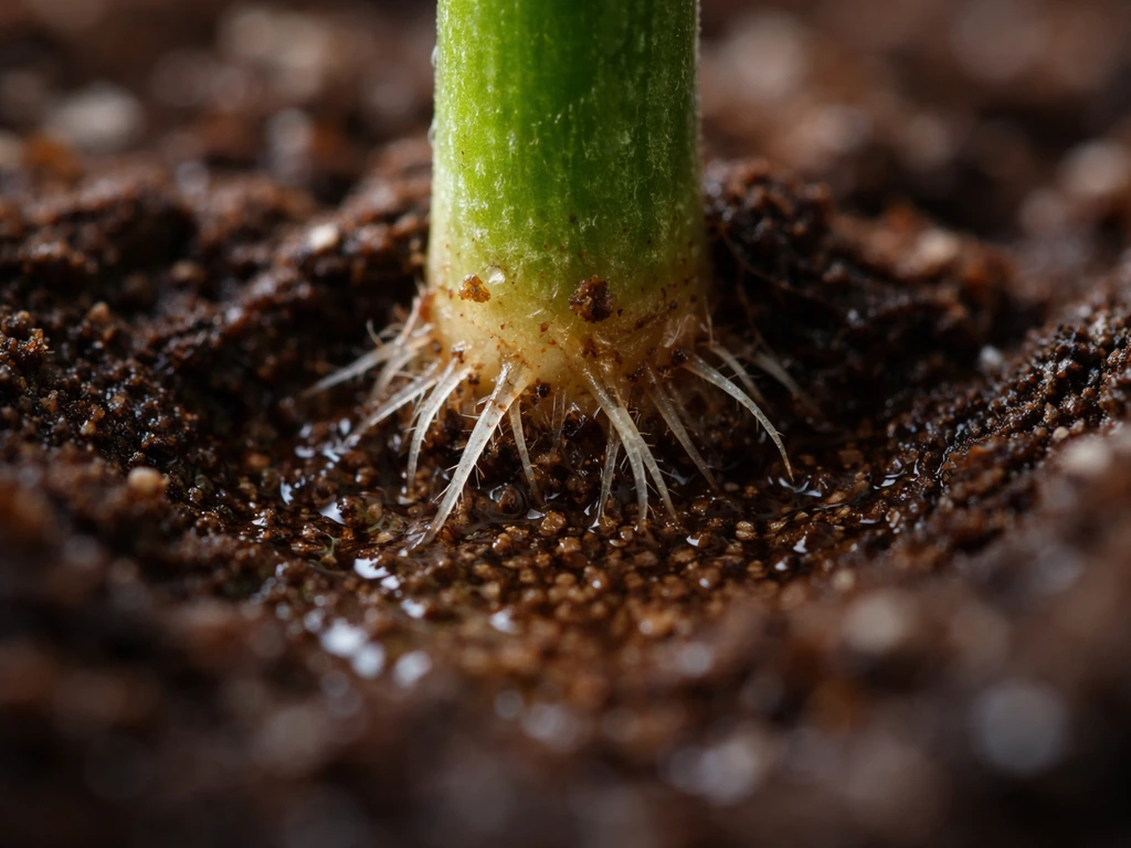 Close-up of a plant cutting’s cut surface showing fine adventitious roots emerging into soil in a soft light gradient.
