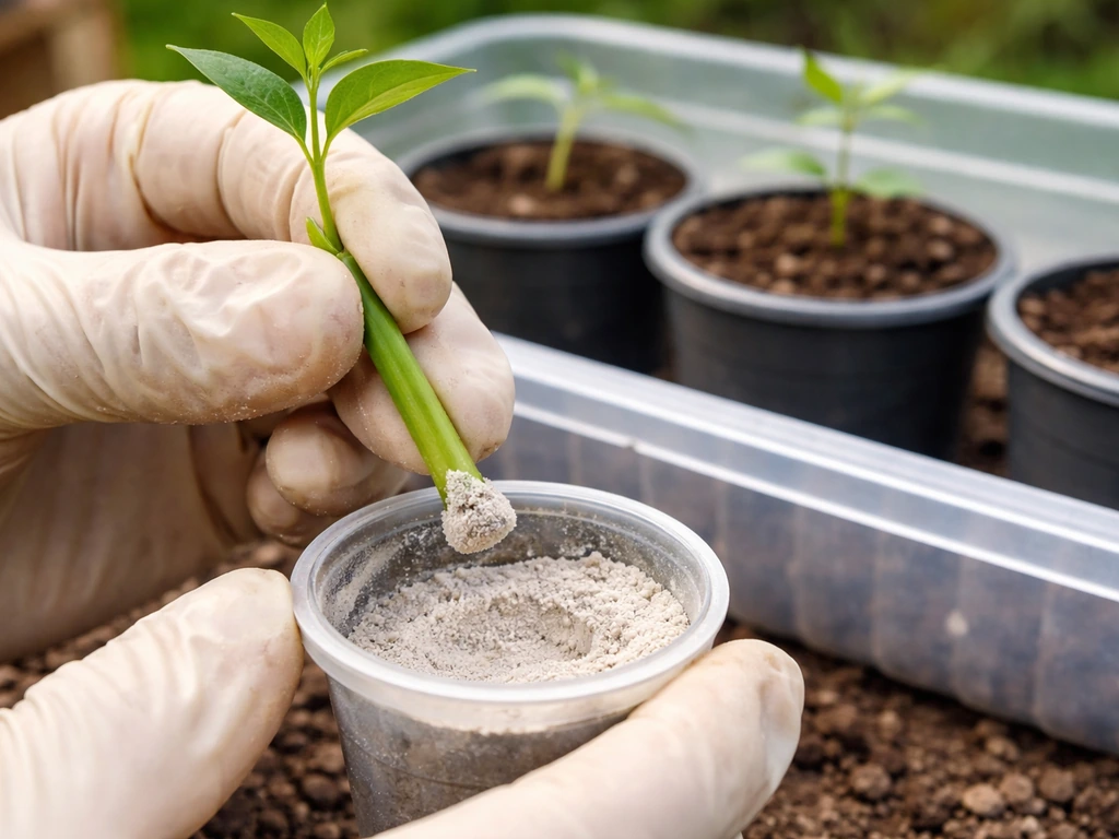 Gloved hands applying IBA rooting hormone to a fresh plant cutting end with pots of rooting media visible.