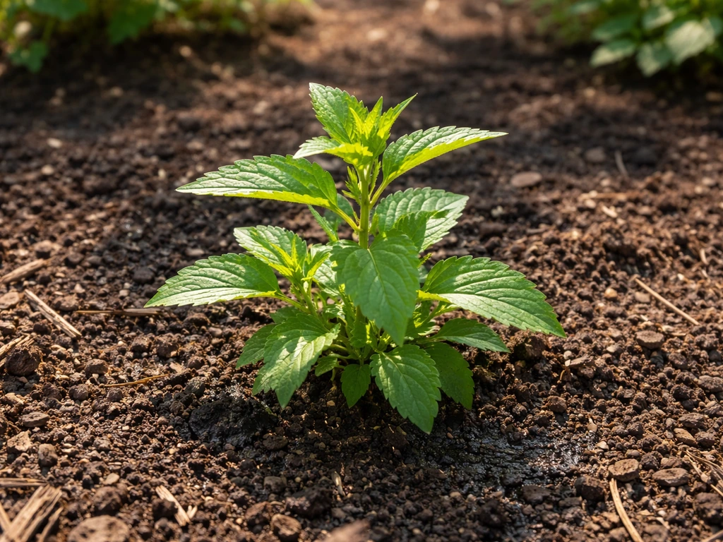 Sunlit opportunistic weed thriving in a garden bed with dark fertile soil and visible moisture.