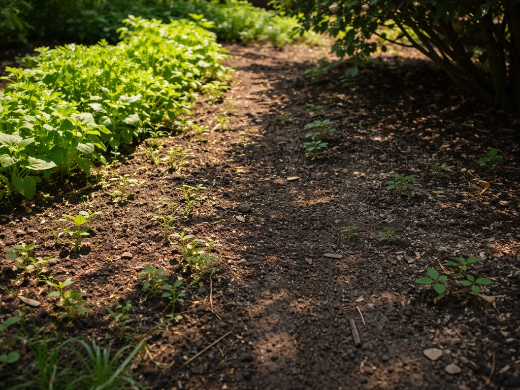 Outdoor garden bed split by sun and shade, showing greener growth in sun and sparse growth in shade.
