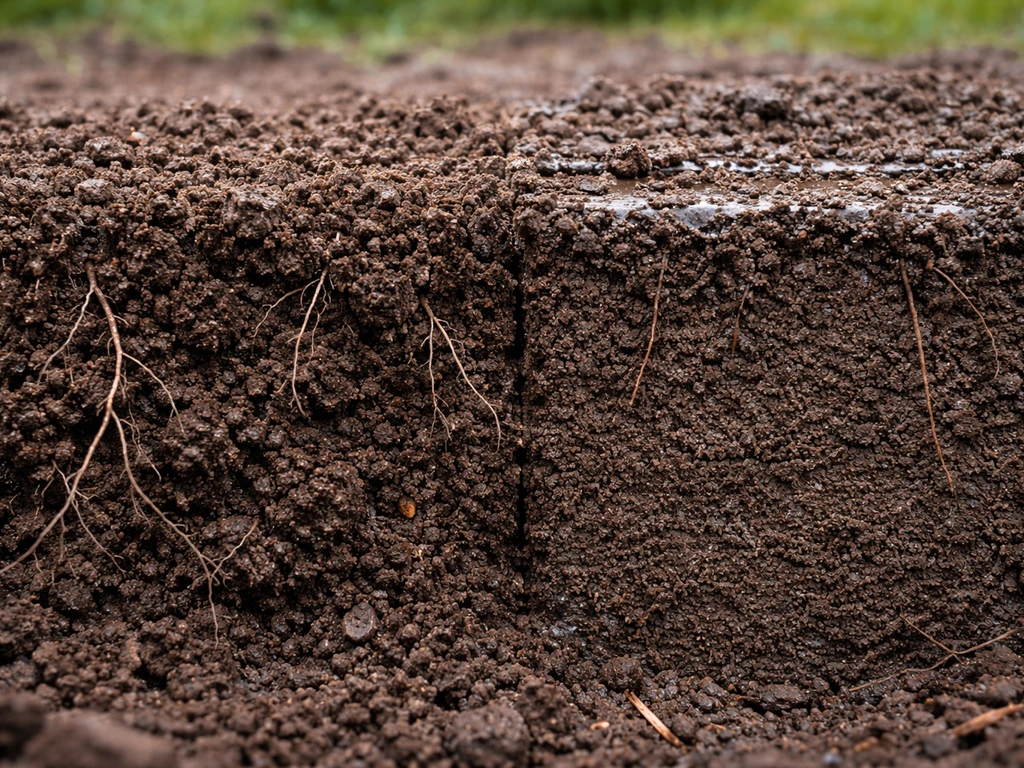Closeup comparison of aerated crumbly soil vs compacted dense soil with roots penetrating better in loose earth.