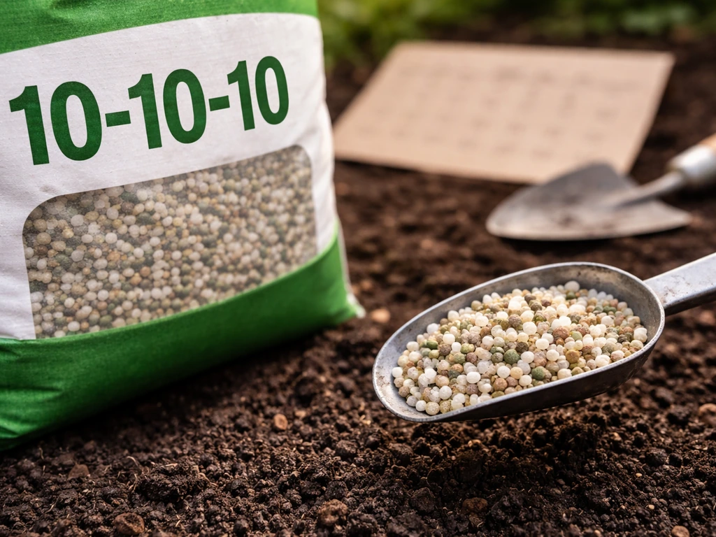Close-up of fertilizer N-P-K granules and scoop over soil with a blurred calendar nearby for timing.