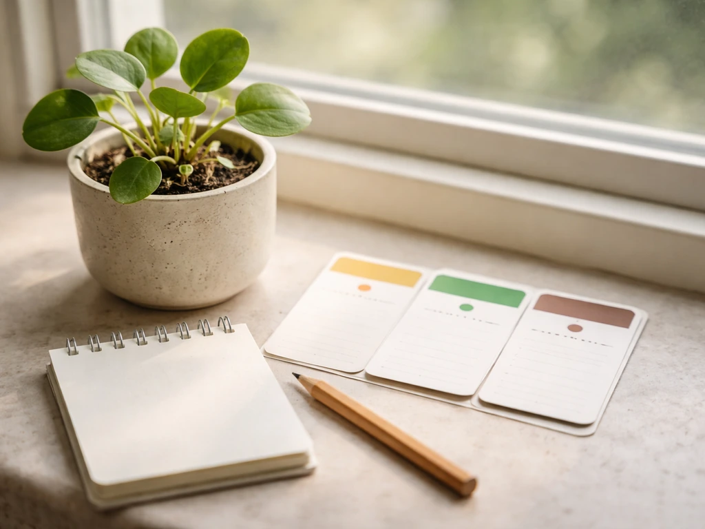 Close-up of a potted plant with blank colored symptom-cause cards and an empty notepad on a windowsill.