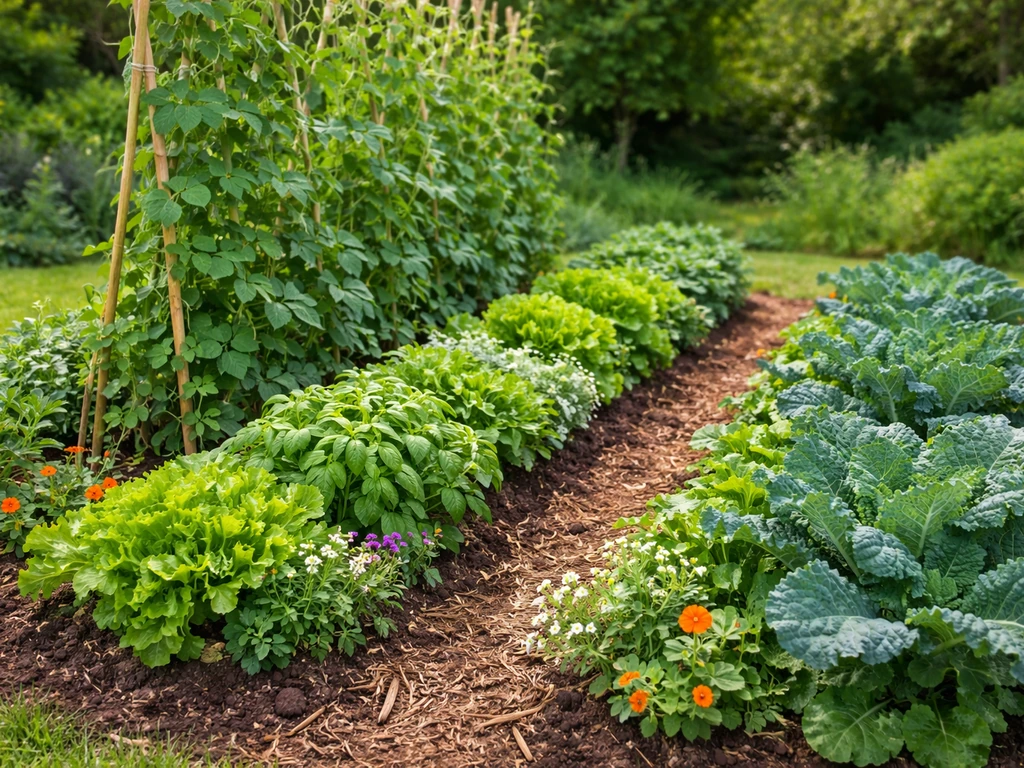 Thriving companion planting vegetable bed with tall trellis crops and low plants growing together