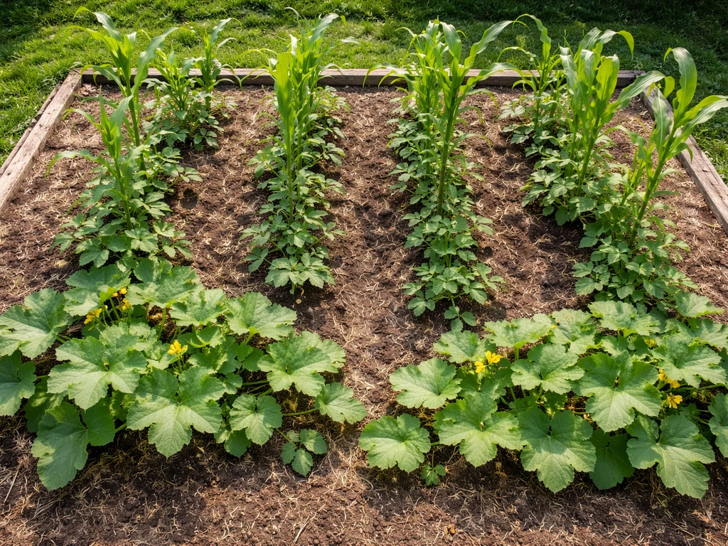 Overhead view of a Three Sisters companion planting bed with corn, climbing beans, and squash foliage.