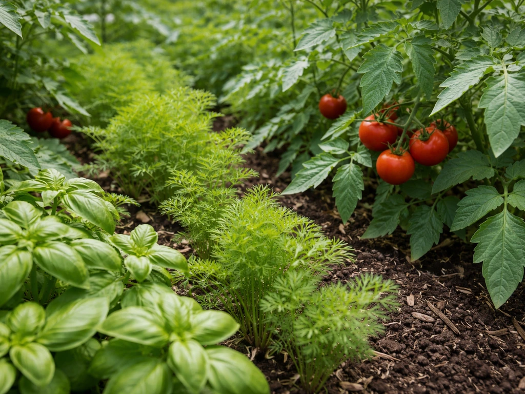 Close-up of tomato plants interplanted with basil and carrot foliage in an outdoor garden bed.