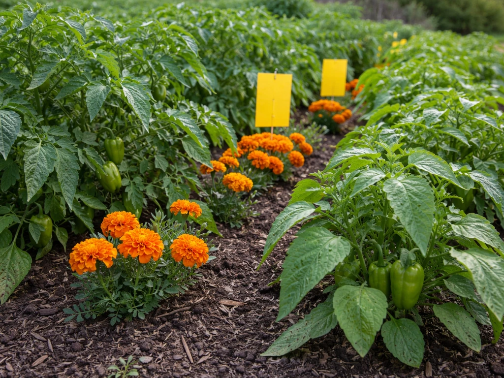 Tomato and pepper plants with marigolds between rows, with slight leaf damage and a couple of sticky traps
