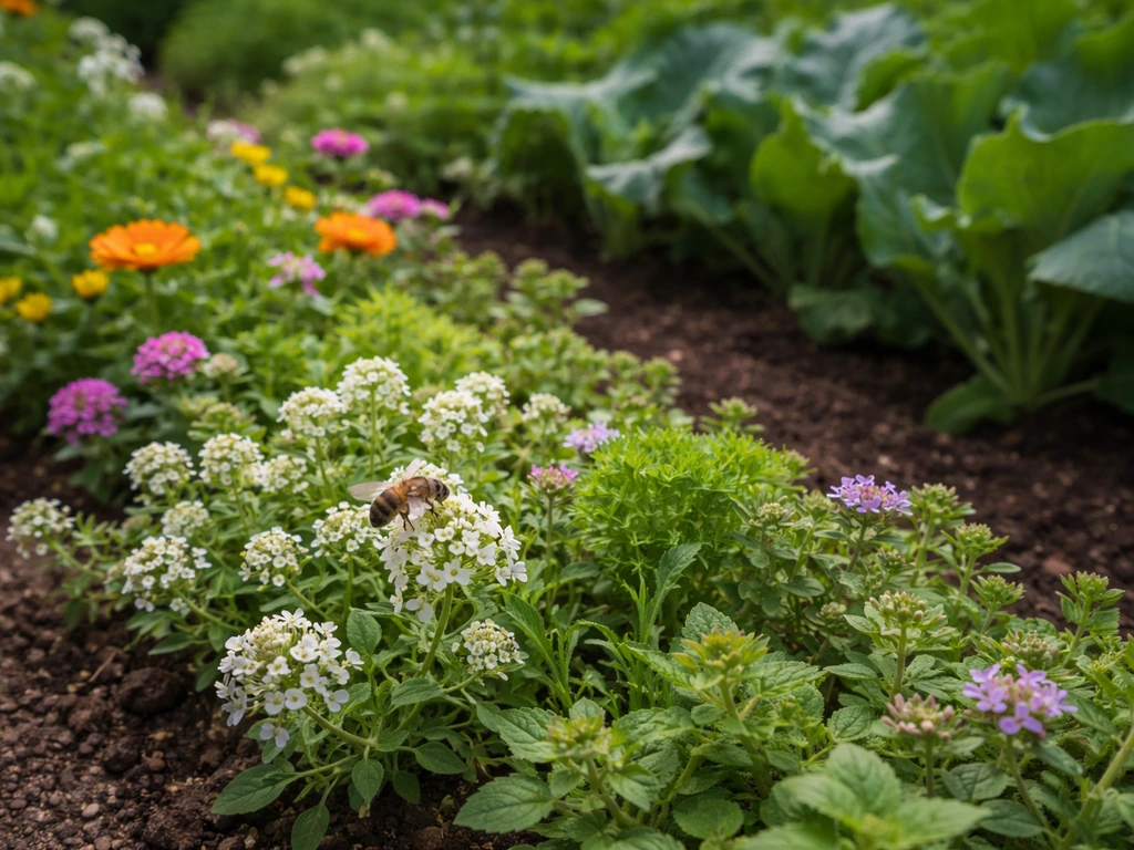 Insectary flowers bordering a vegetable bed with a bee or hoverfly visiting blossoms.