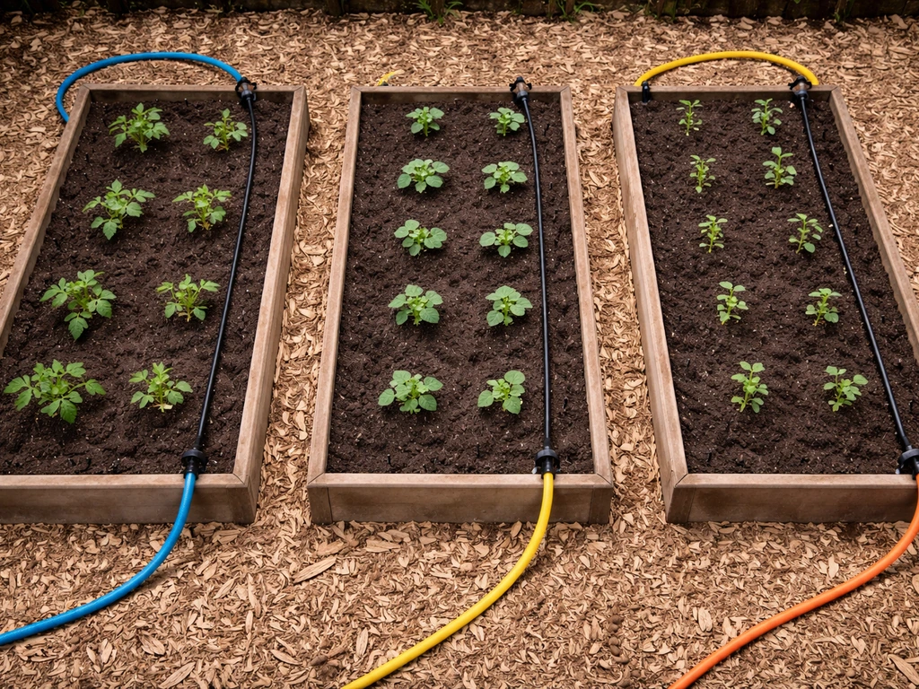 Top-down photo of a simple three-bed garden grid showing irrigation zones for different plant groups.