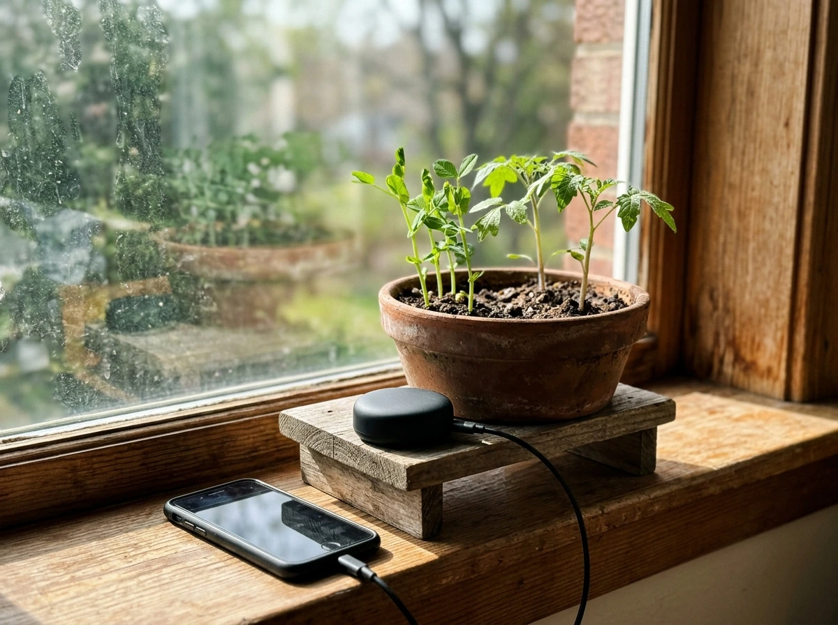 At-home plant sound experiment concept: a speaker or vibration source near seedlings under natural light.