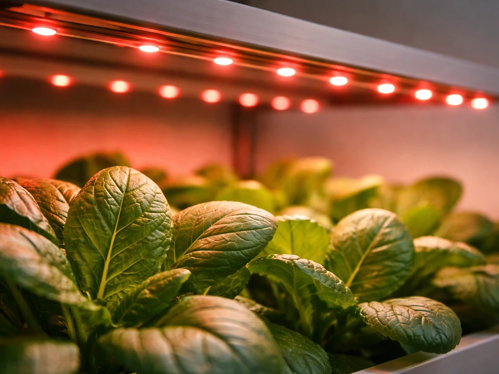 Red LED grow lights glowing above healthy leafy plants in a minimal indoor setup.