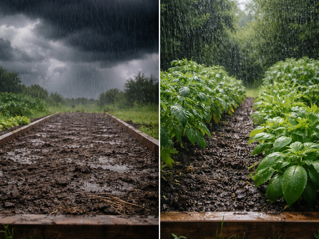 Rainfall and storm clouds over healthy plants in a simple garden scene, suggesting thunder indirectly helps via weather.