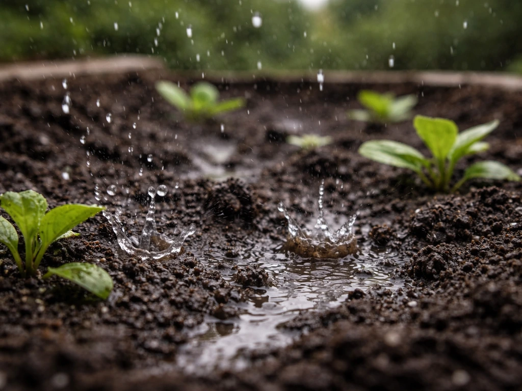 Raindrops splash onto garden soil and fresh green leaves in a shallow depth-of-field close-up.