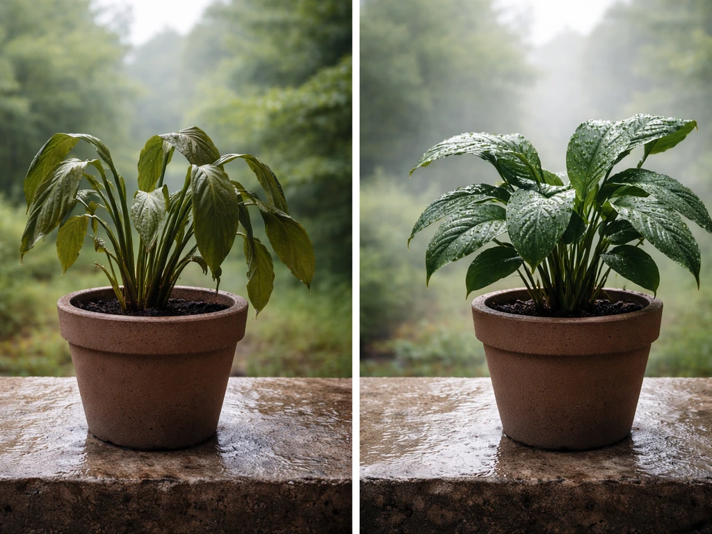 A heat-stressed plant leaves look refreshed after a nearby thunderstorm with cool mist and softened light.