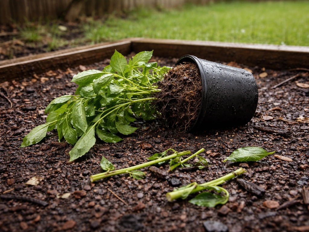 Uprooted and snapped plants lying in damp soil after storm winds in a small backyard garden.