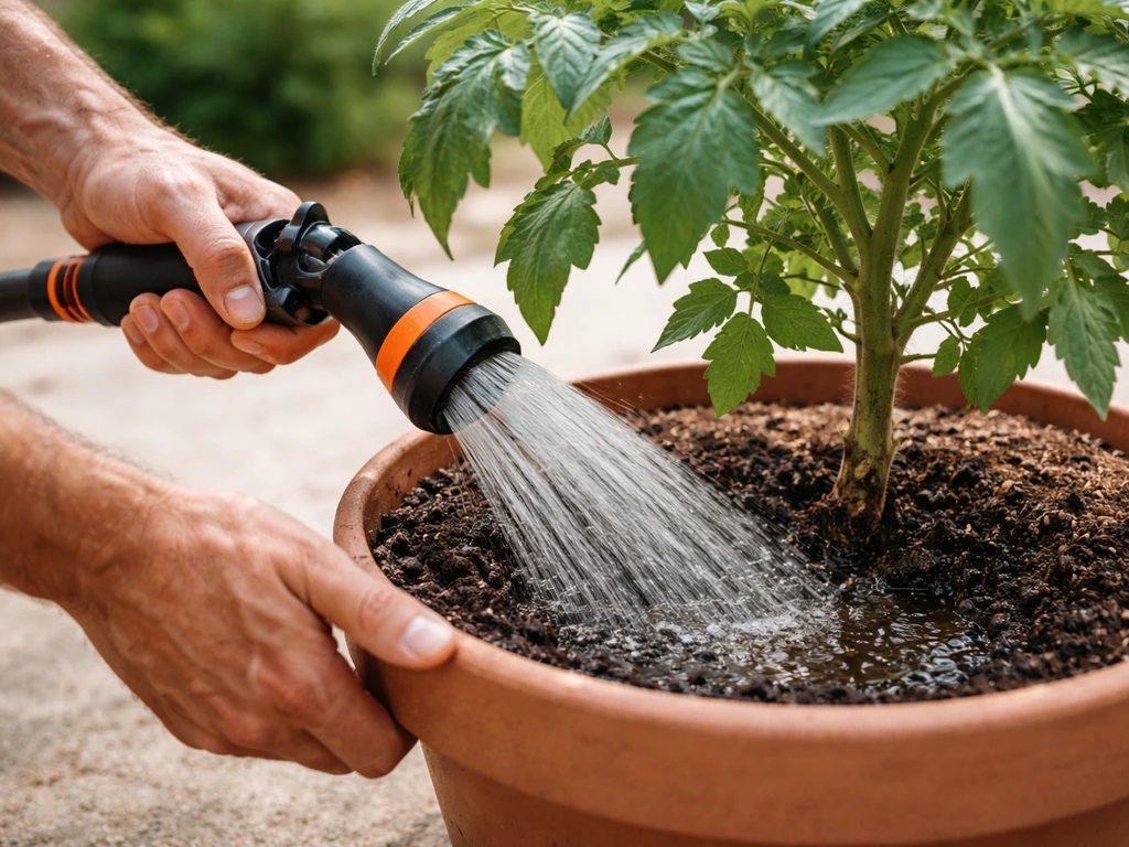 Gardener deep-watering a potted plant at the base with a hose in bright natural light.