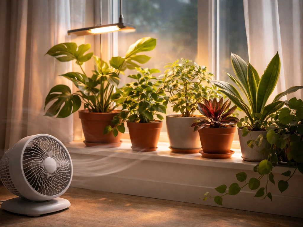 Healthy indoor plants under a gentle oscillating fan creating subtle leaf movement near grow light glow.