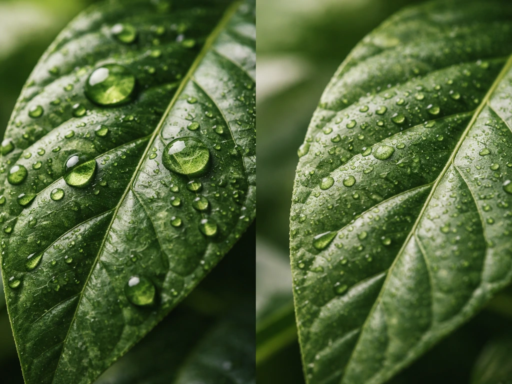 Two adjacent plant leaves showing water droplets beading in still air and evaporating with airflow.