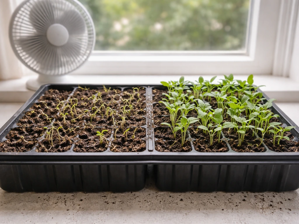 Indoor seedling tray showing damping-off on one side and healthy seedlings on the other with a nearby fan.