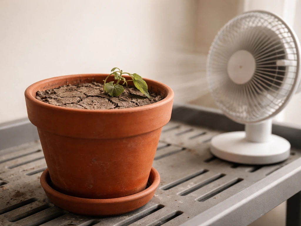 Potted plant with dry, cracked soil and slightly wilted leaves from a fan aimed too directly.