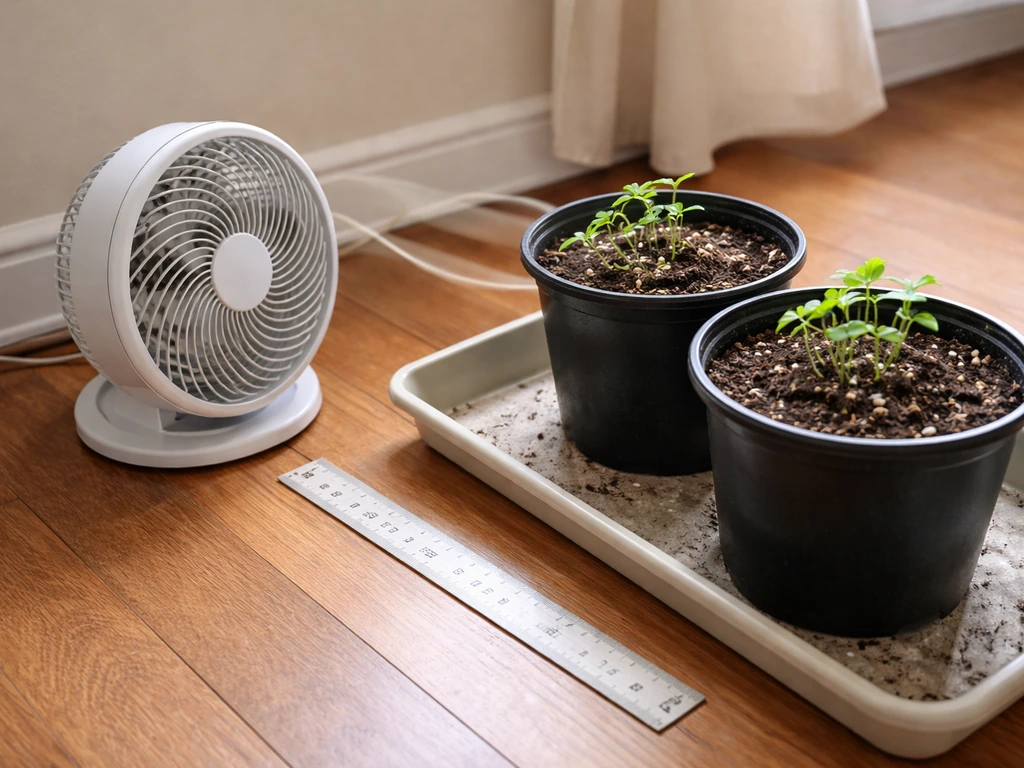 Small oscillating fan angled beside potted seedlings, with distance measuring tape on the floor.