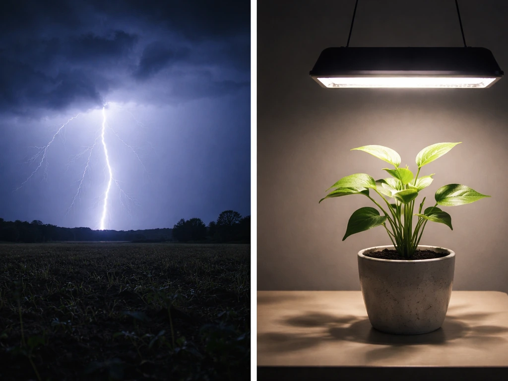 Split scene: lightning over a field on the left, and a plant under an LED grow light indoors on the right.