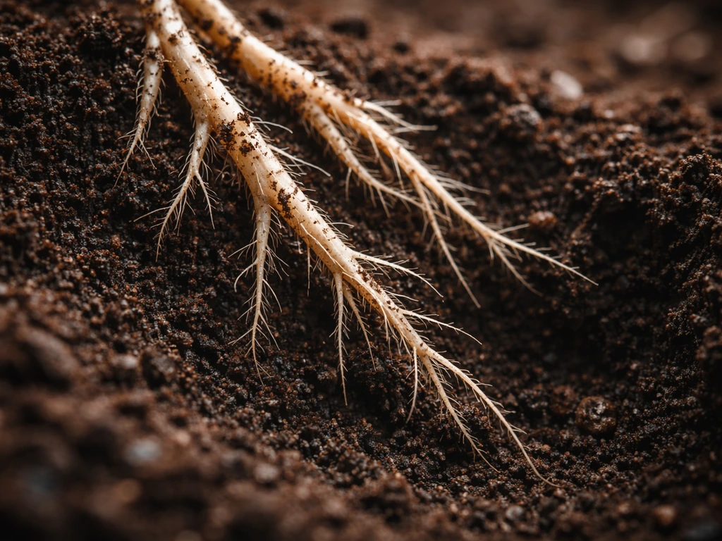 Macro photo of vigorous young roots pushing into rich soil, highlighting early strong growth.