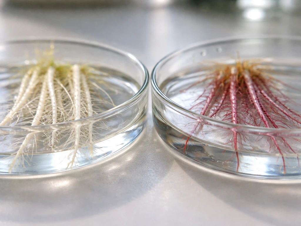 Close-up comparison of healthy root tips vs phosphorus-deficiency tips with slight reddish-purple coloring.