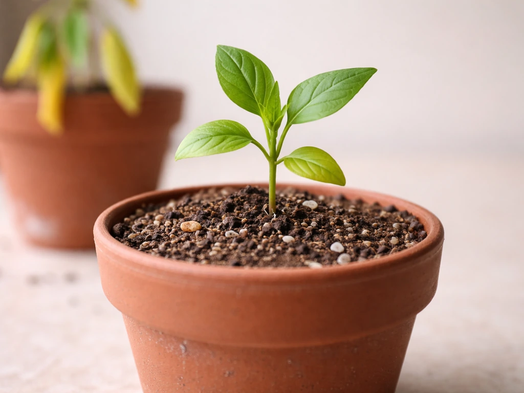 Close-up of a potted seedling with older yellowing leaves and visible root-zone rooting media.