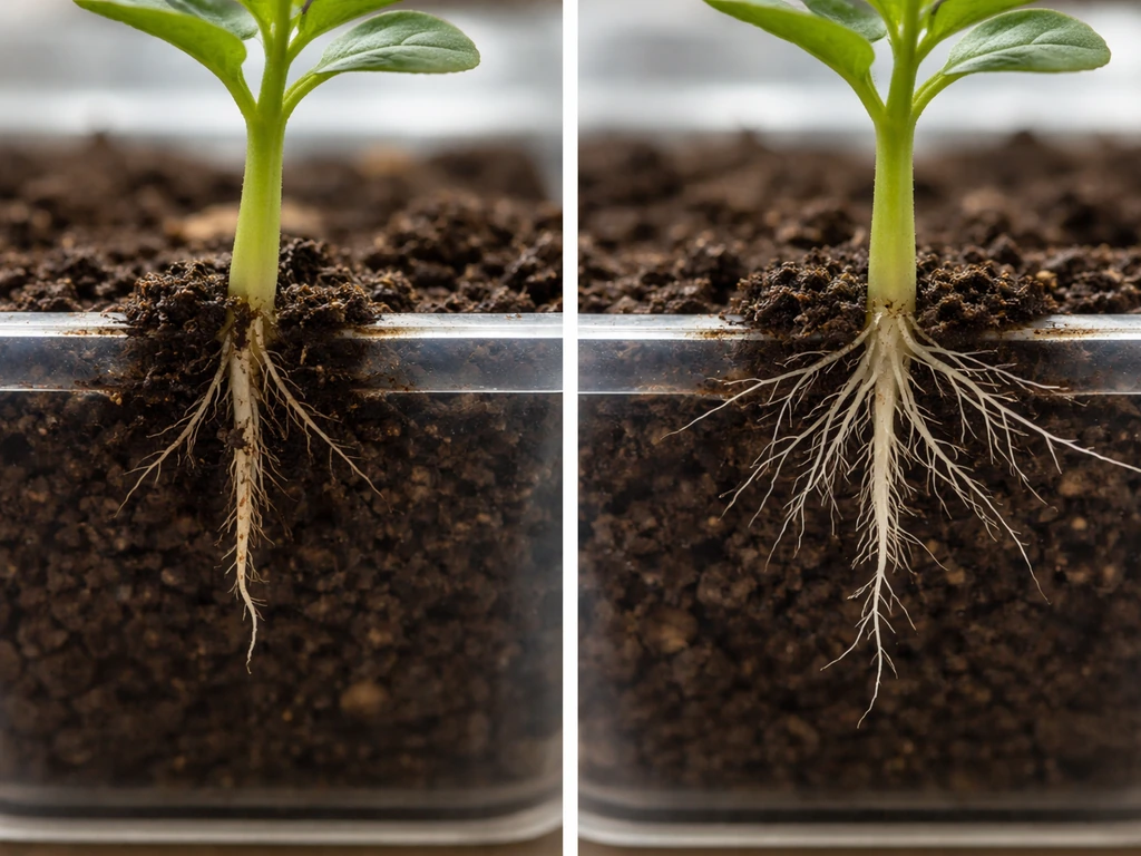 Two plant seedlings side-by-side showing healthier root tips with intact growth versus calcium-deficient stunted tips.