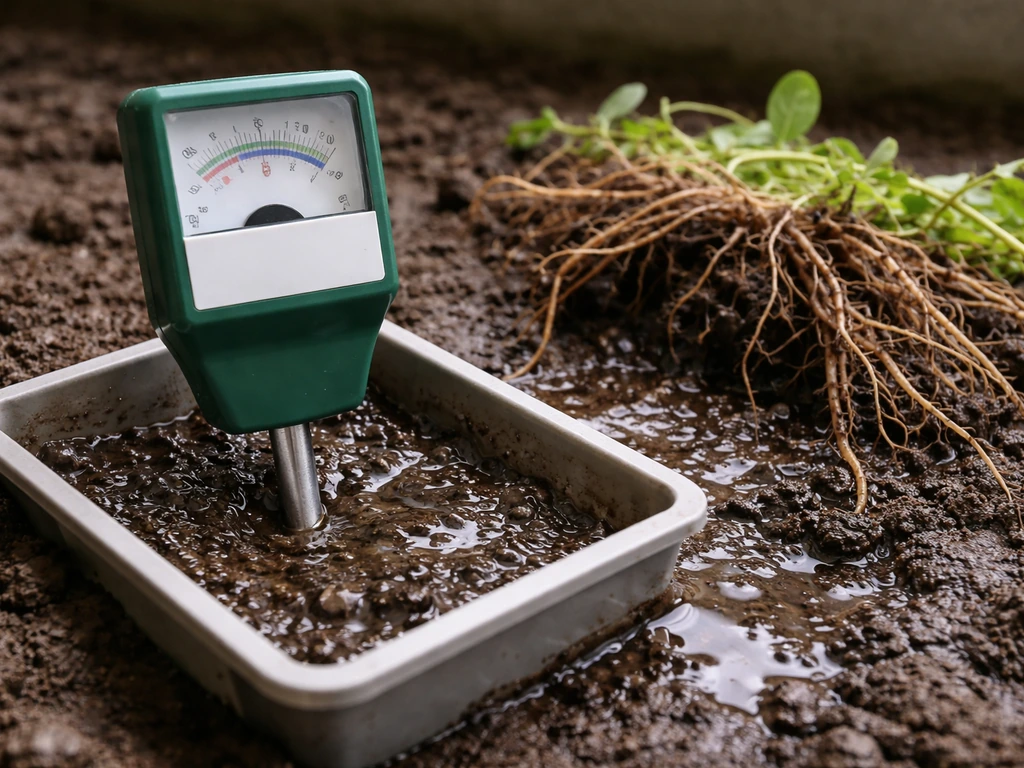 Soil pH test kit beside waterlogged soil with dark damp roots, showing oxygen limitation