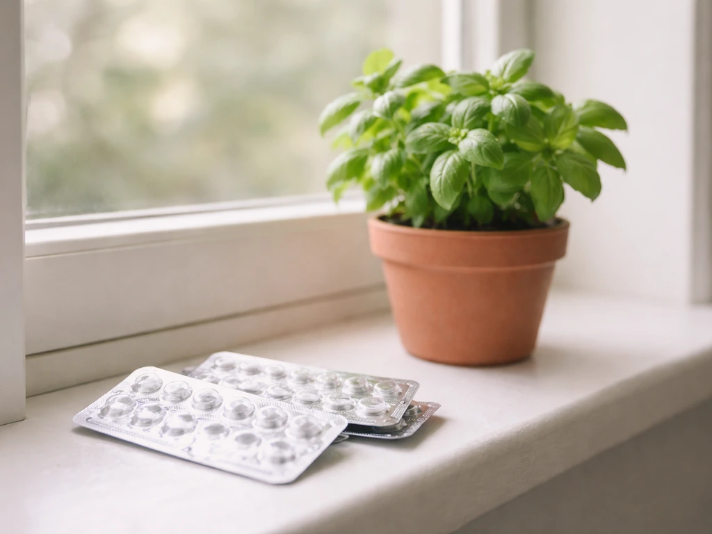 Healthy potted herb by a windowsill with birth control blister packs in the foreground, showing pills aren’t needed.
