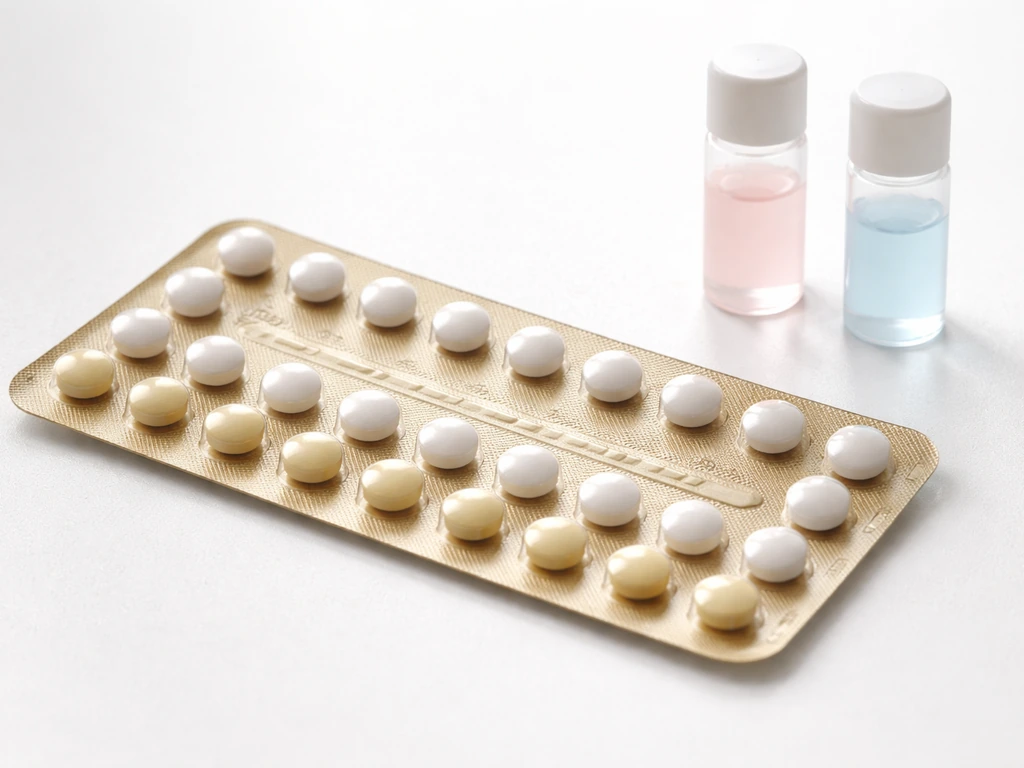Close-up of a combined oral contraceptive blister pack beside two unlabeled hormone vials on a white background.