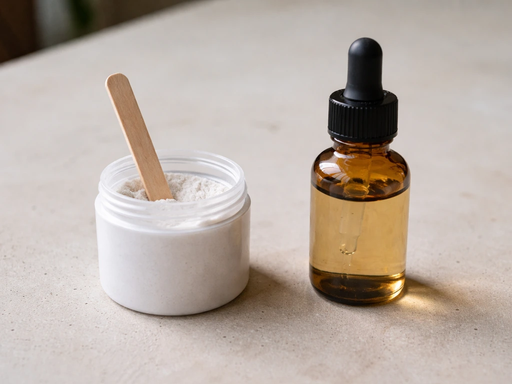 Two small unlabeled gardening hormone-like products on a bench, with visible powder and dropper liquid.