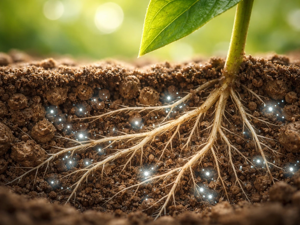 Macro cross-section of airy soil roots and a sunlit leaf, showing oxygen reaching the root zone.