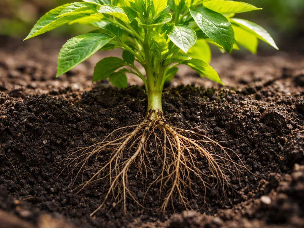 Sunlit leaves above exposed, moist roots in soil, showing roots still need oxygen.