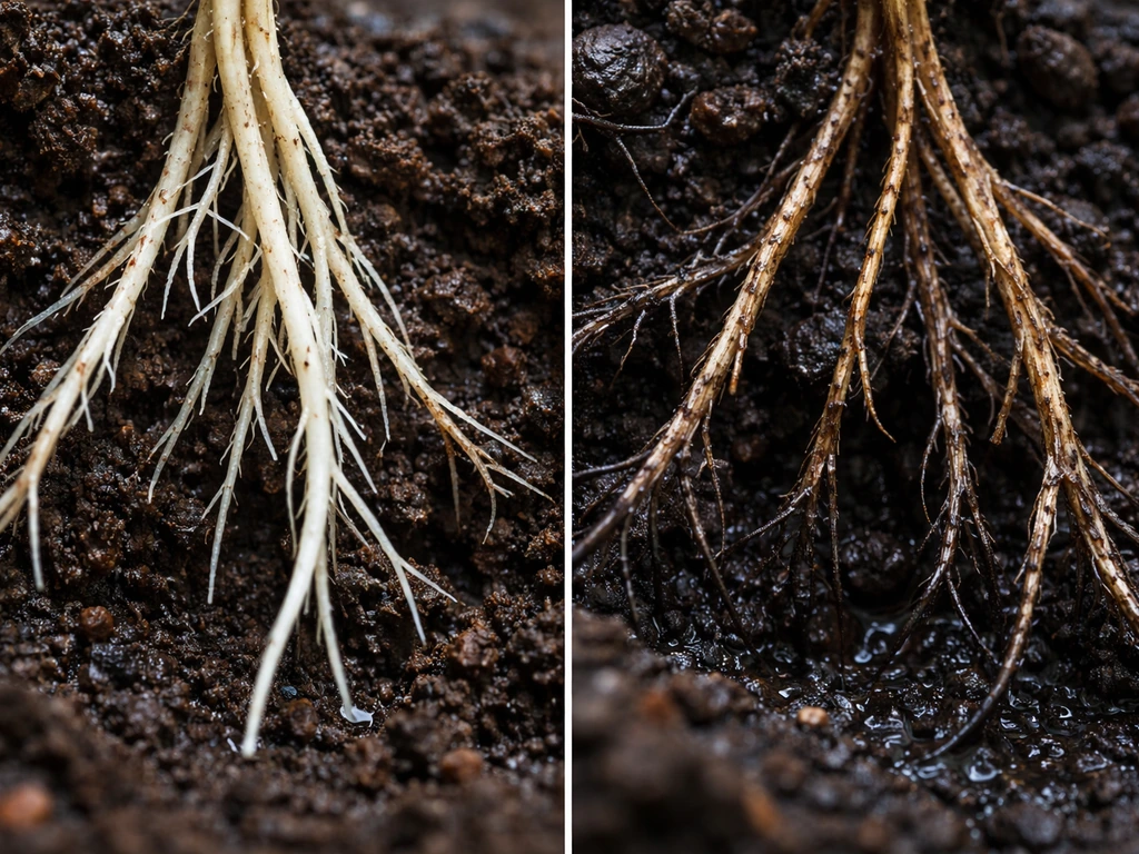 Close-up of healthy vs oxygen-deprived plant roots, with browning and blackened stressed root tips.