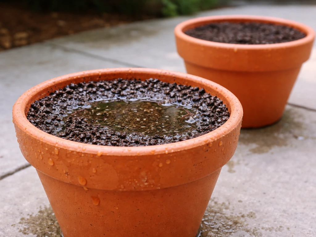 Close-up of garden soil in a pot with water pooling after heavy watering, then draining away in the background
